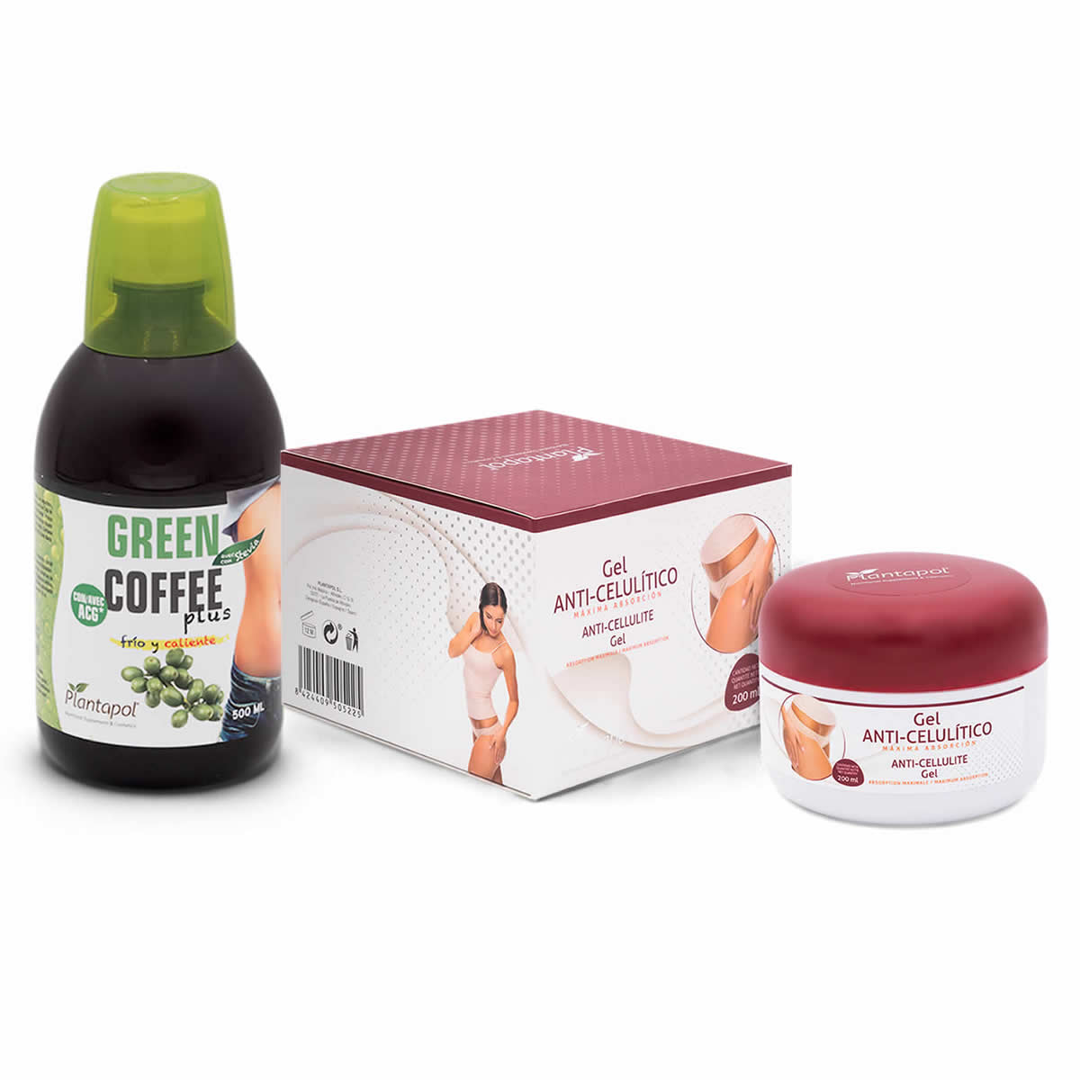 pack green coffee plus 500 ml + gel anticelulítico reductor max 200 ml plantapol